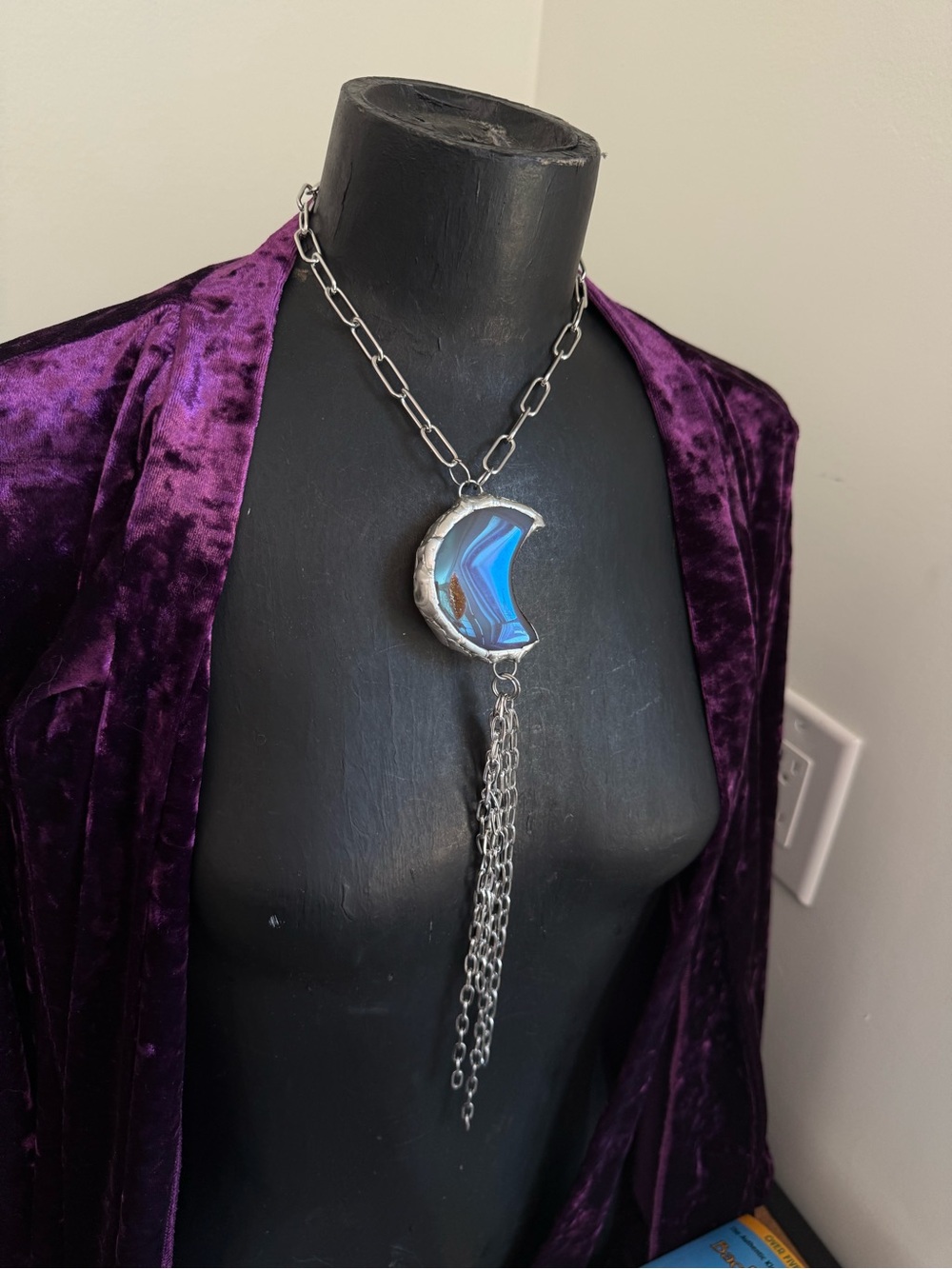 Angel aura agate moon necklace pendant statement witchy jewelry gothic boho